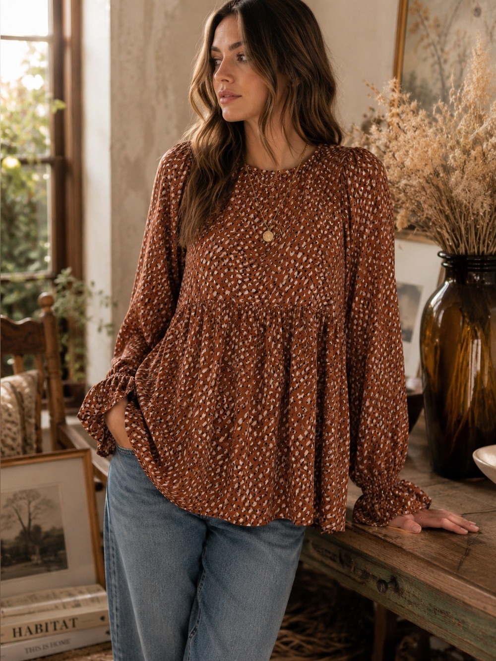 Hailey And Co Rust Brown Animal Print Peplum Blouse Size Large Boho Feminine